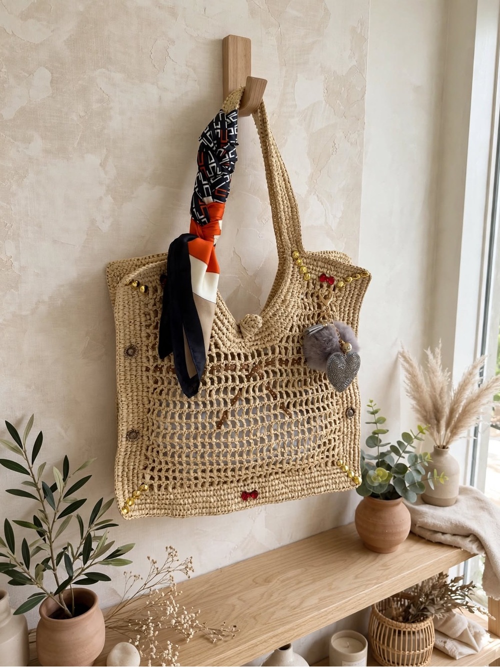 H&M Beige Crochet Tote with Patterned Scarf Accent